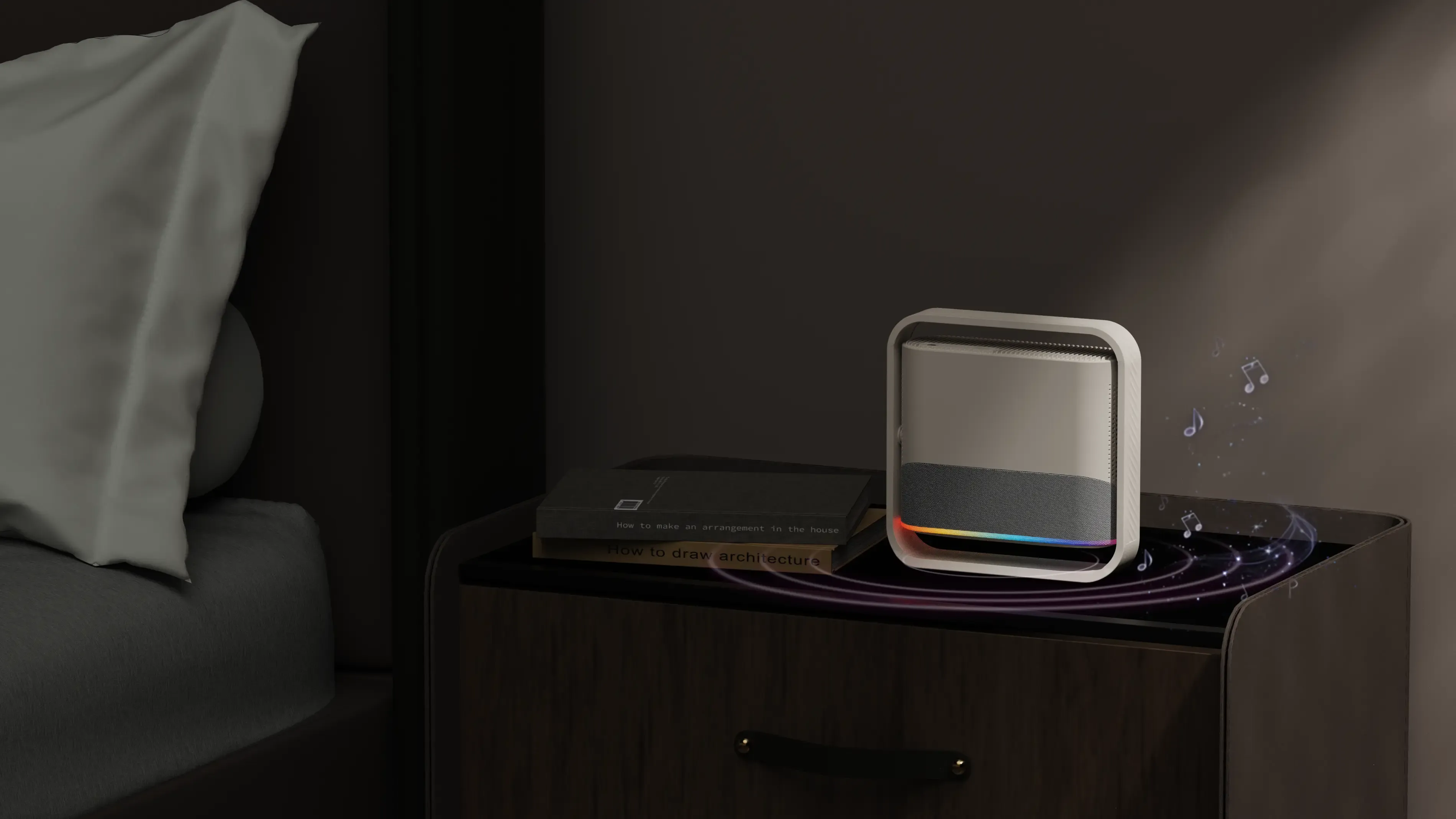Projector on bedside table with ambient light